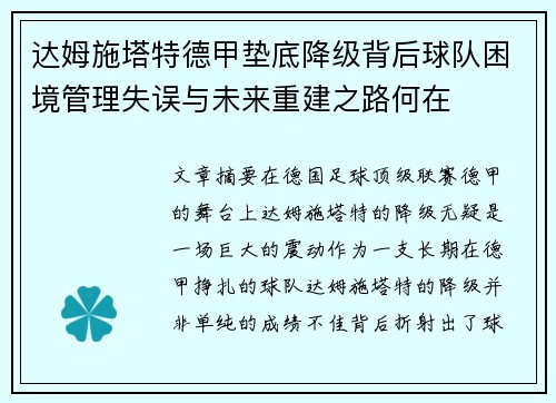 达姆施塔特德甲垫底降级背后球队困境管理失误与未来重建之路何在