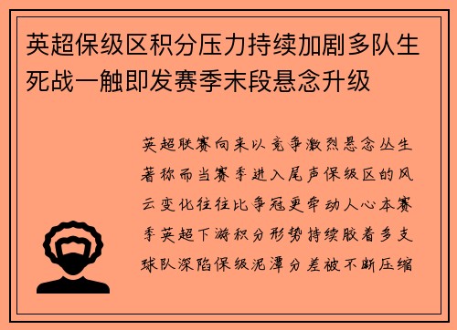英超保级区积分压力持续加剧多队生死战一触即发赛季末段悬念升级 英超保级区积分压力持续加剧多队生死战一触即发赛季末段悬念升级